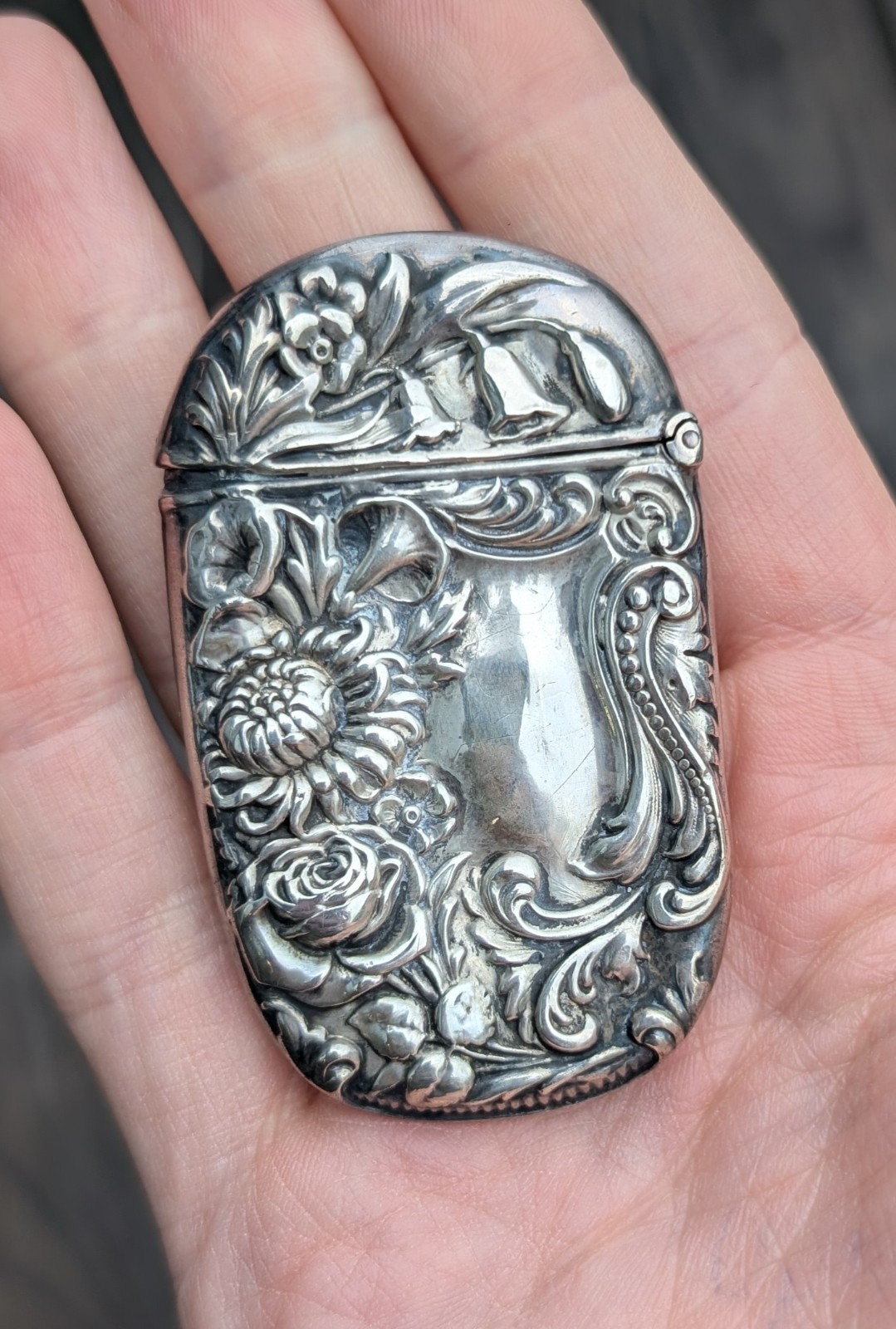 Antique Art Nouveau Match Safe. Sterling Silver. Double Sided Floral. Estate Antique Art Nouveau Match Safe. Sterling Silver. Double Sided Floral. Estate