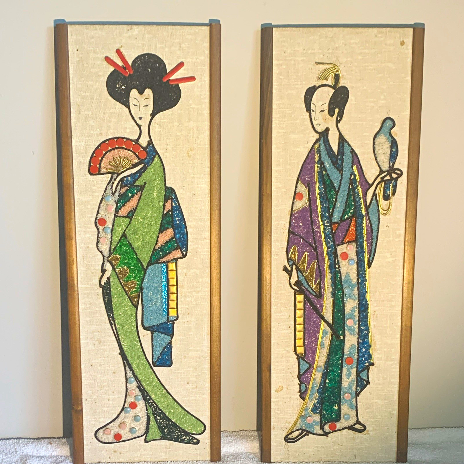Vintage Pair  Japanese Gravel Art Prints/Panels – Geisha & Man With Bird, Kimono