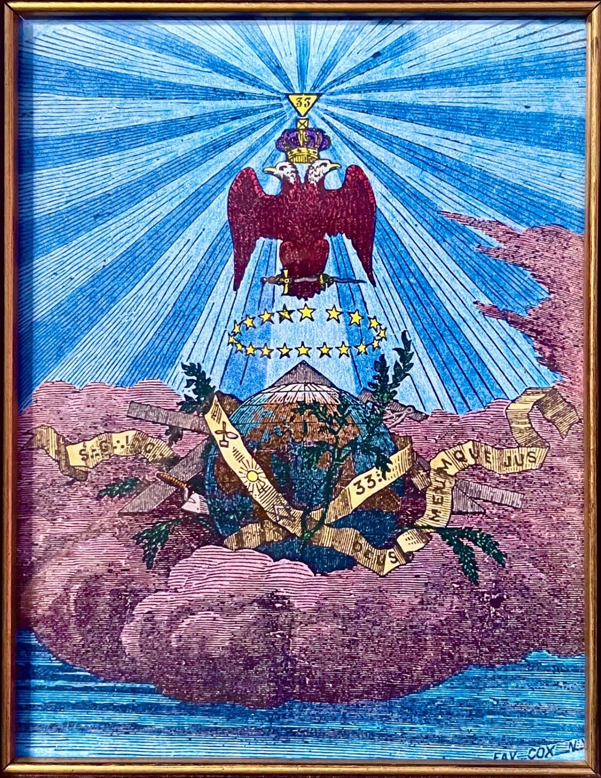 MASONIC 33RD DEGREE OVER THE WORLD MODERN PRINT FROM A 19TH C ENGRAVING * A&ASR