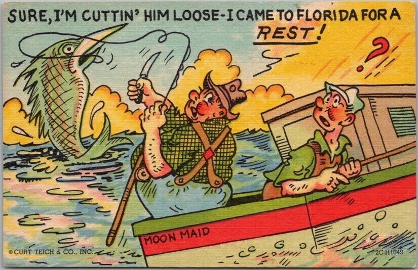 FLORIDA Fishing Comic Linen Postcard Fishing Boat / Marlin - Curteich Linen 1952