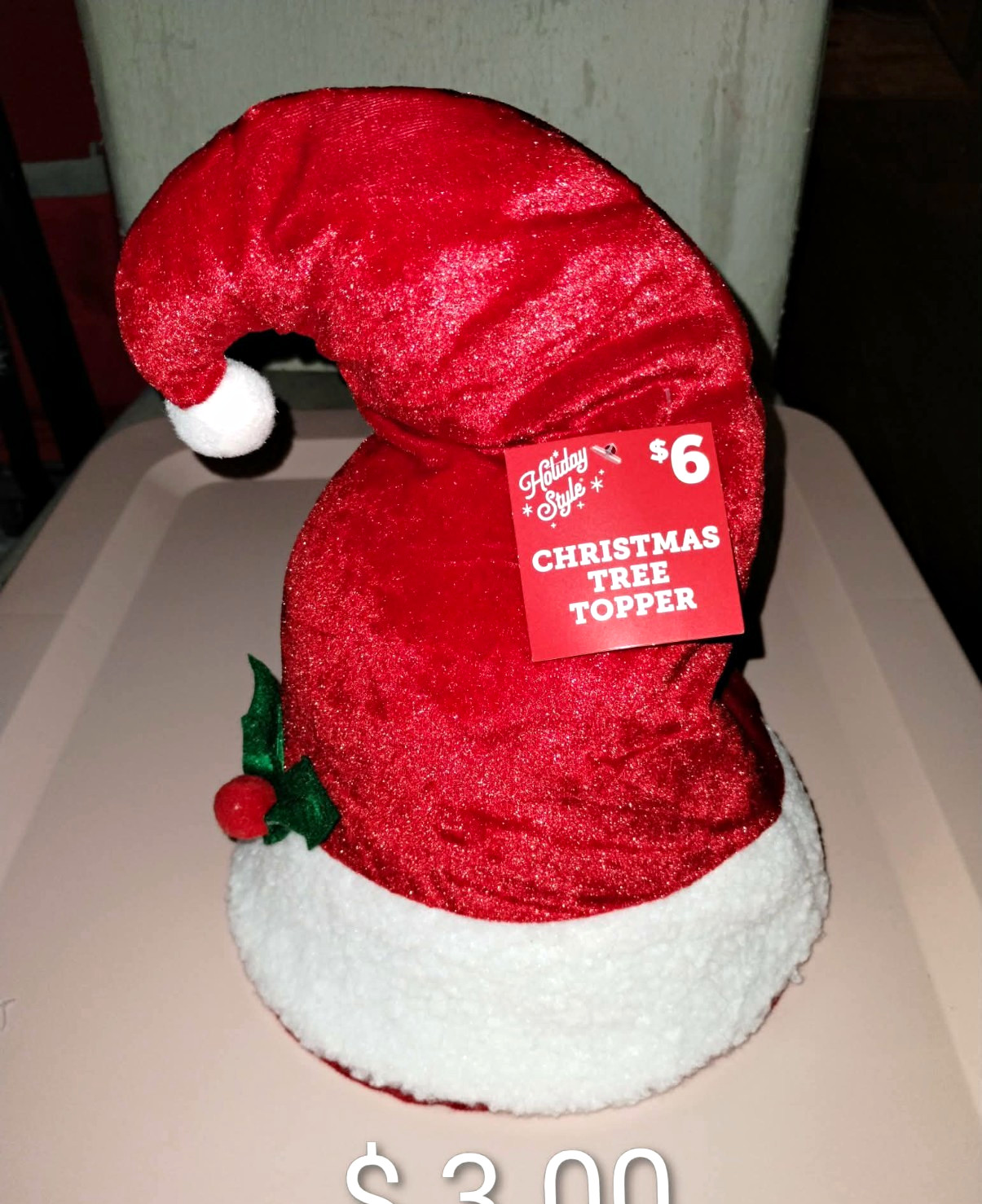 Holiday Style Santa Hat Christmas Tree Topper Fabric Red/White/Green Holiday Style Santa Hat Christmas Tree Topper Fabric Red/White/Green