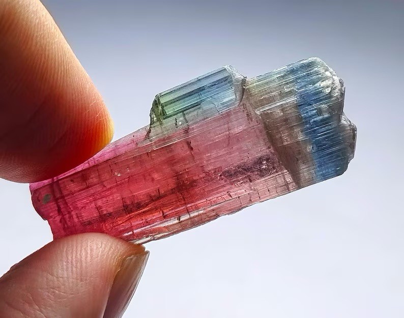 Tri Colour Terminated Scapter Shape Tourmaline Crystal - 41 Carats