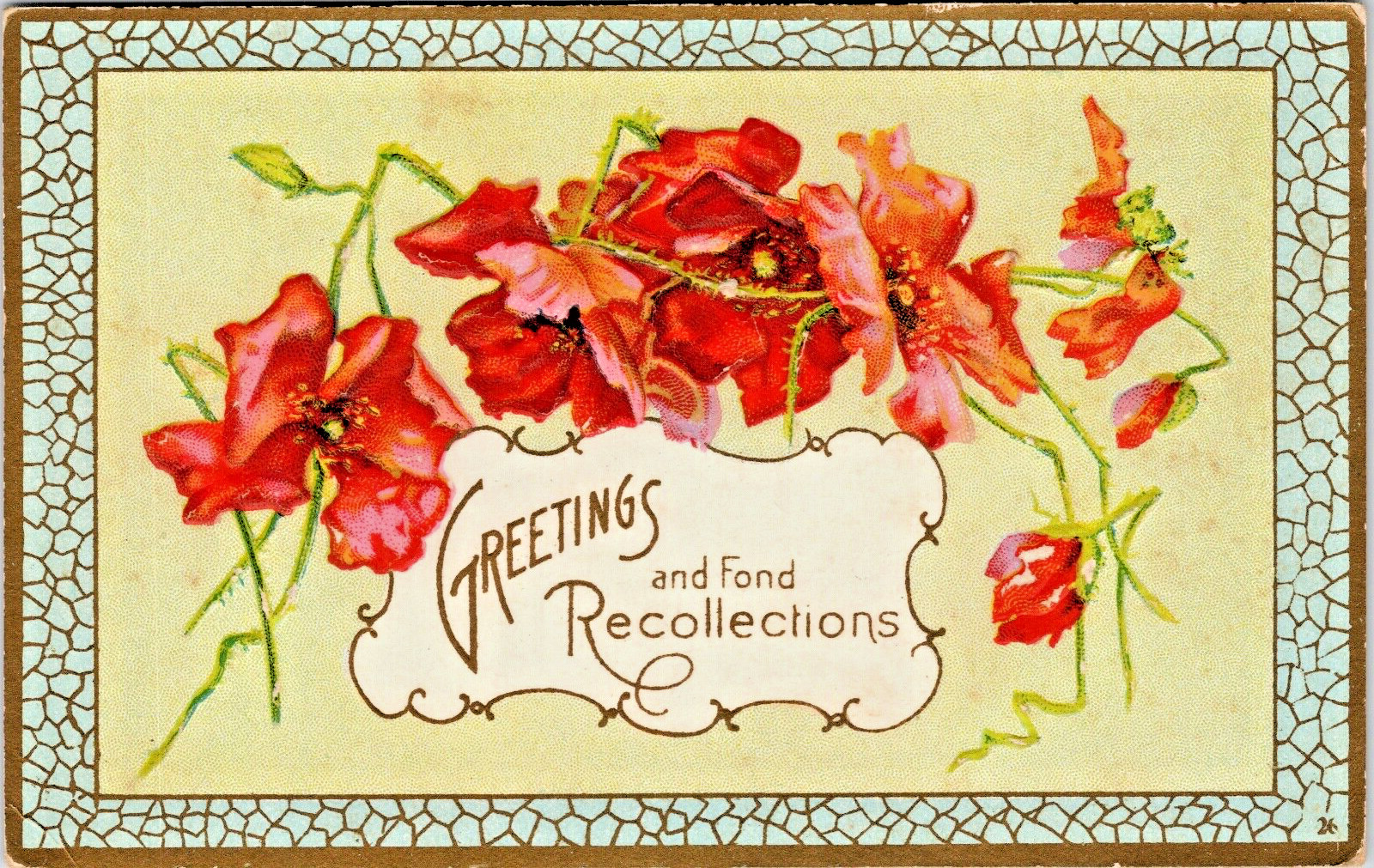 Postcard Greetings Red Roses Gold Embossed Frame P.UN. WOB (A509) Postcard Greetings Red Roses Gold Embossed Frame P.UN. WOB (A509)