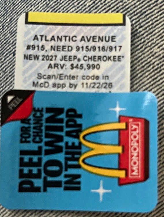 McDonald\'s Monopoly Peel to Win App Code Sticker Expires 11/22/26