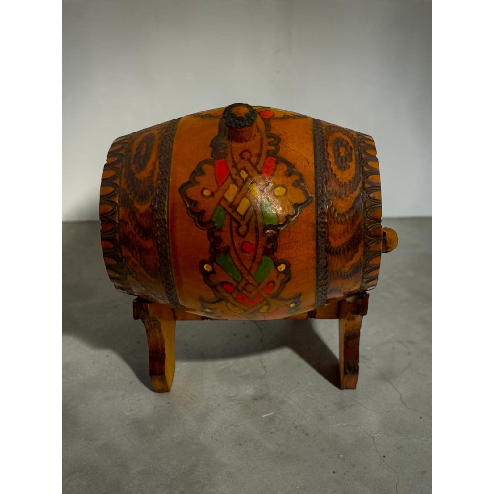 Vtg. Hand Carved Wood Barrel Keg w/Stand Folk Art Pyrography Hand Painted Rutic Vtg. Hand Carved Wood Barrel Keg w/Stand Folk Art Pyrography Hand Painted Rutic