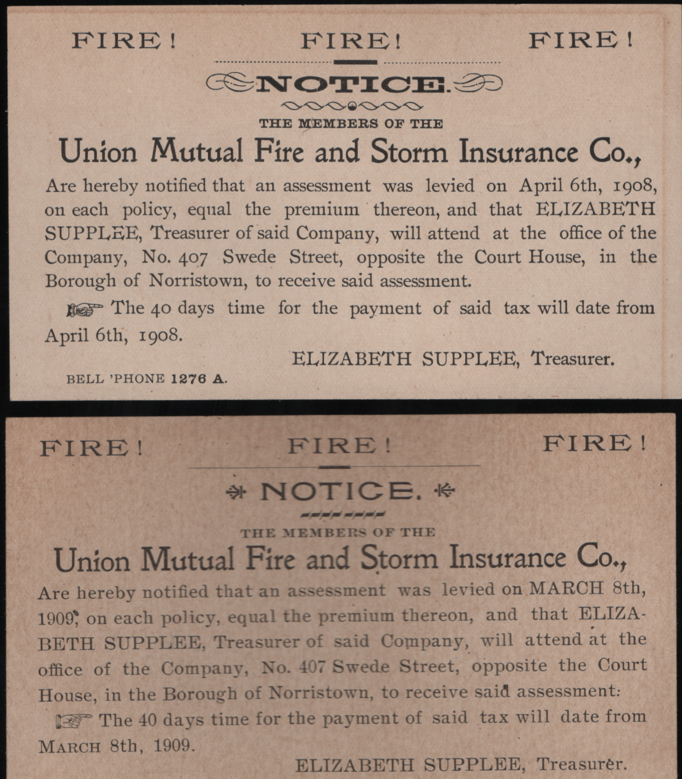 1907-1909 Union Mutual Fire Storm Insurance Norristown PA Notices Report