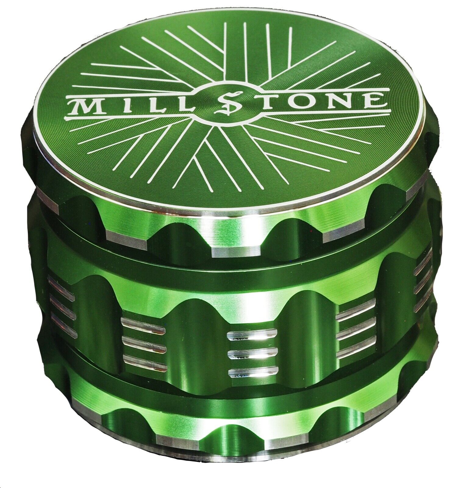 Millstone Herb Tobacco Grinder Large  4-Piece Metal 2.5 inch Magnetic Top Green