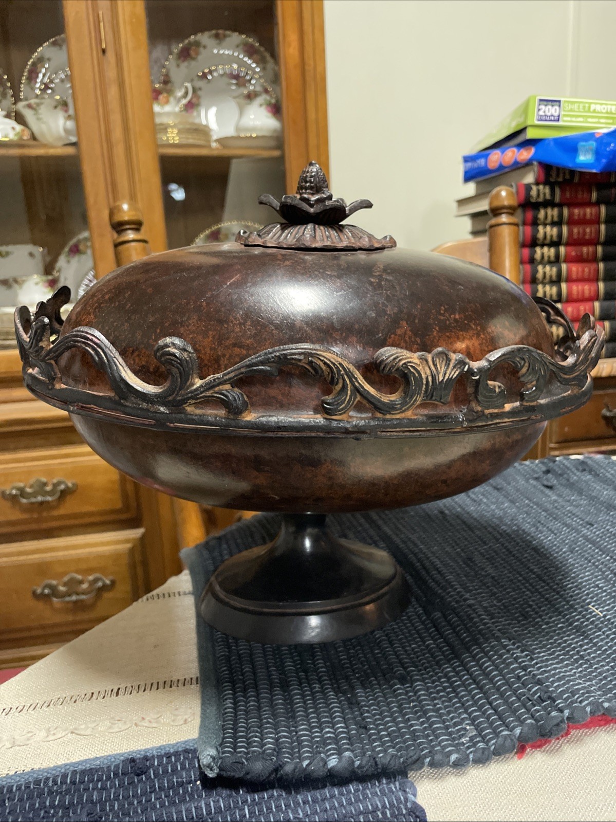 Large Vintage Bronze Pedestal Bowl 13” Scrolled Centerpiece - Made In India Large Vintage Bronze Pedestal Bowl 13” Scrolled Centerpiece - Made In India