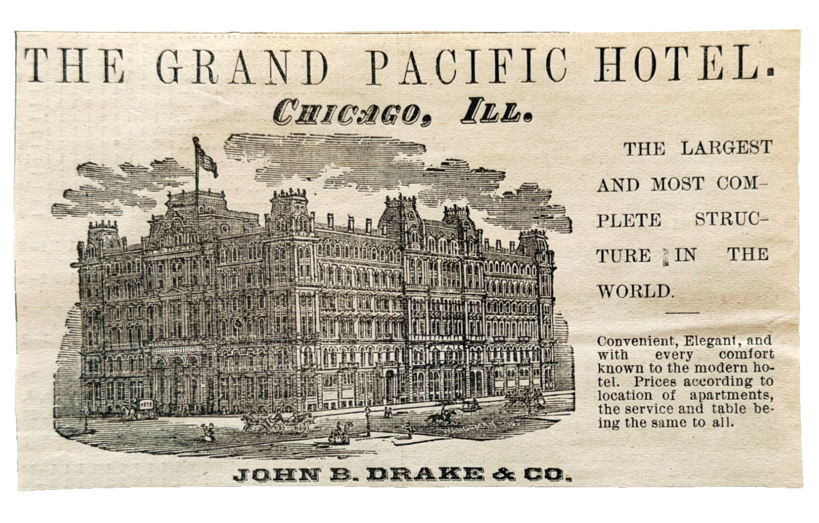 1876 Grand Pacific Hotel Advertisement Chicago Illinois John B. Drake Victorian