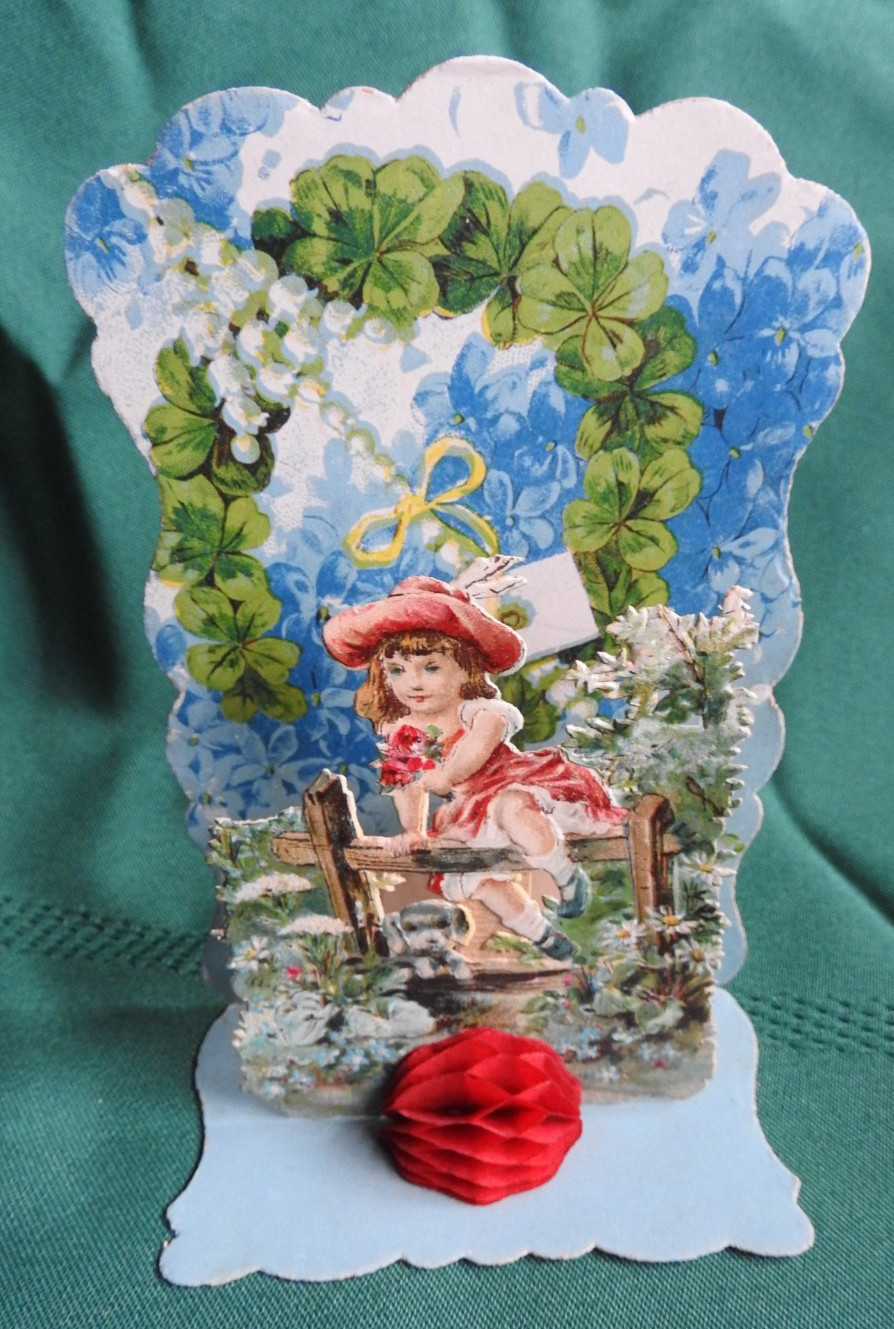 OLD Victorian Die Cut POP UP Valentine Card, Girl in Dress, Shamrocks, Honeycomb OLD Victorian Die Cut POP UP Valentine Card, Girl in Dress, Shamrocks, Honeycomb