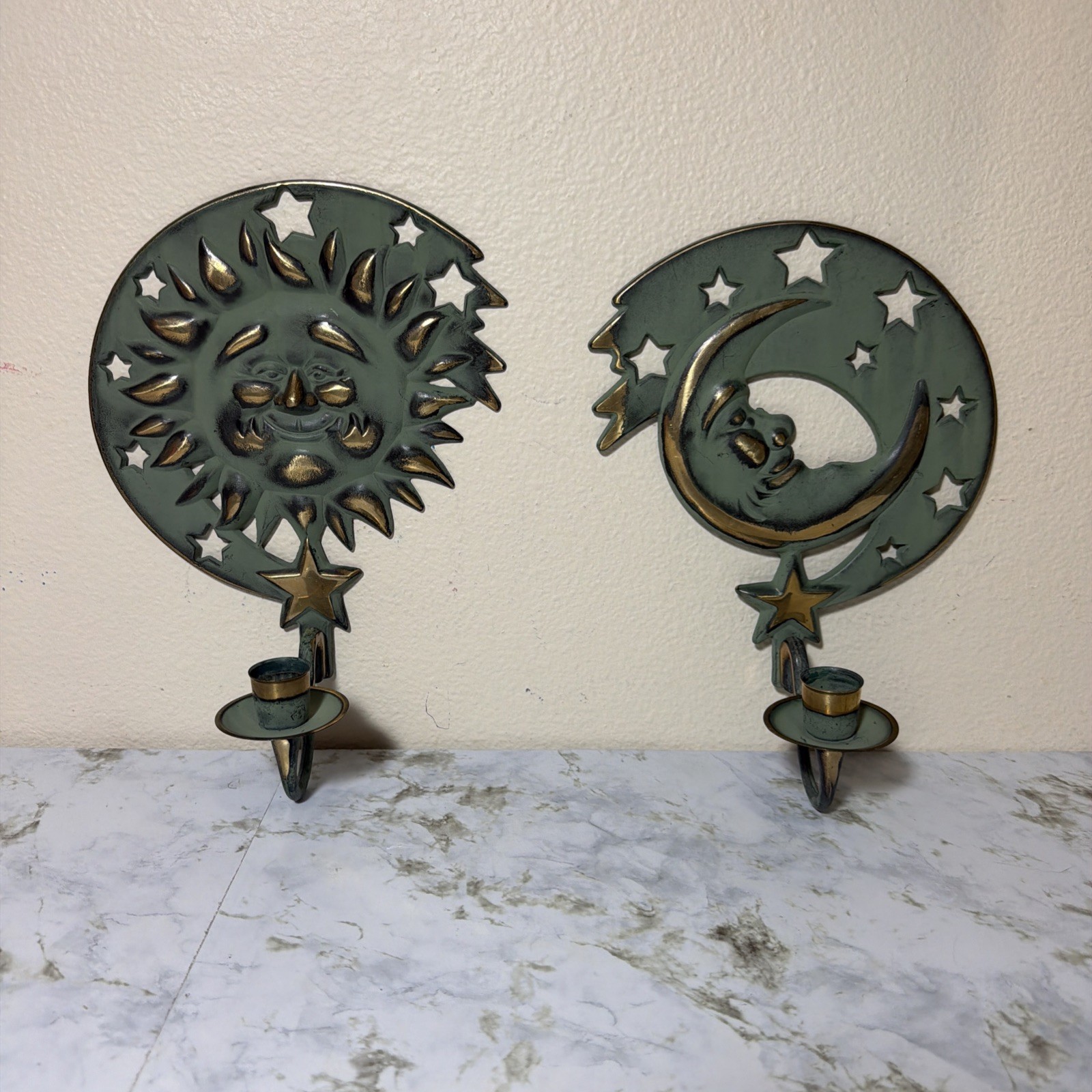 Vintage 1994 PartyLite Sun Moon and Stars Sconces Celestial Candle Holders Set