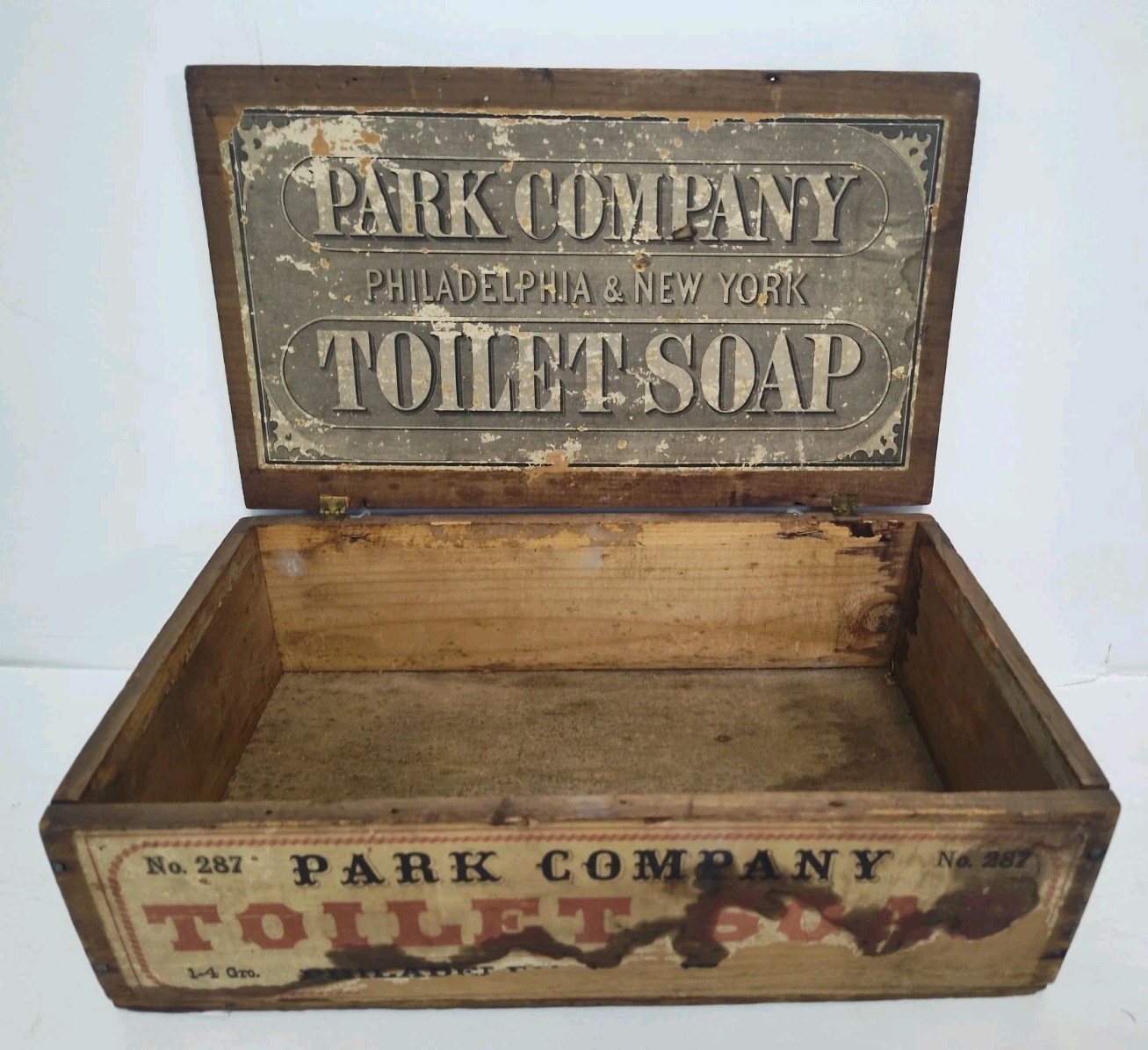 Antique Park Company Toilet Soap Co. Phila. & New York Wood Store Display Box Antique Park Company Toilet Soap Co. Phila. & New York Wood Store Display Box