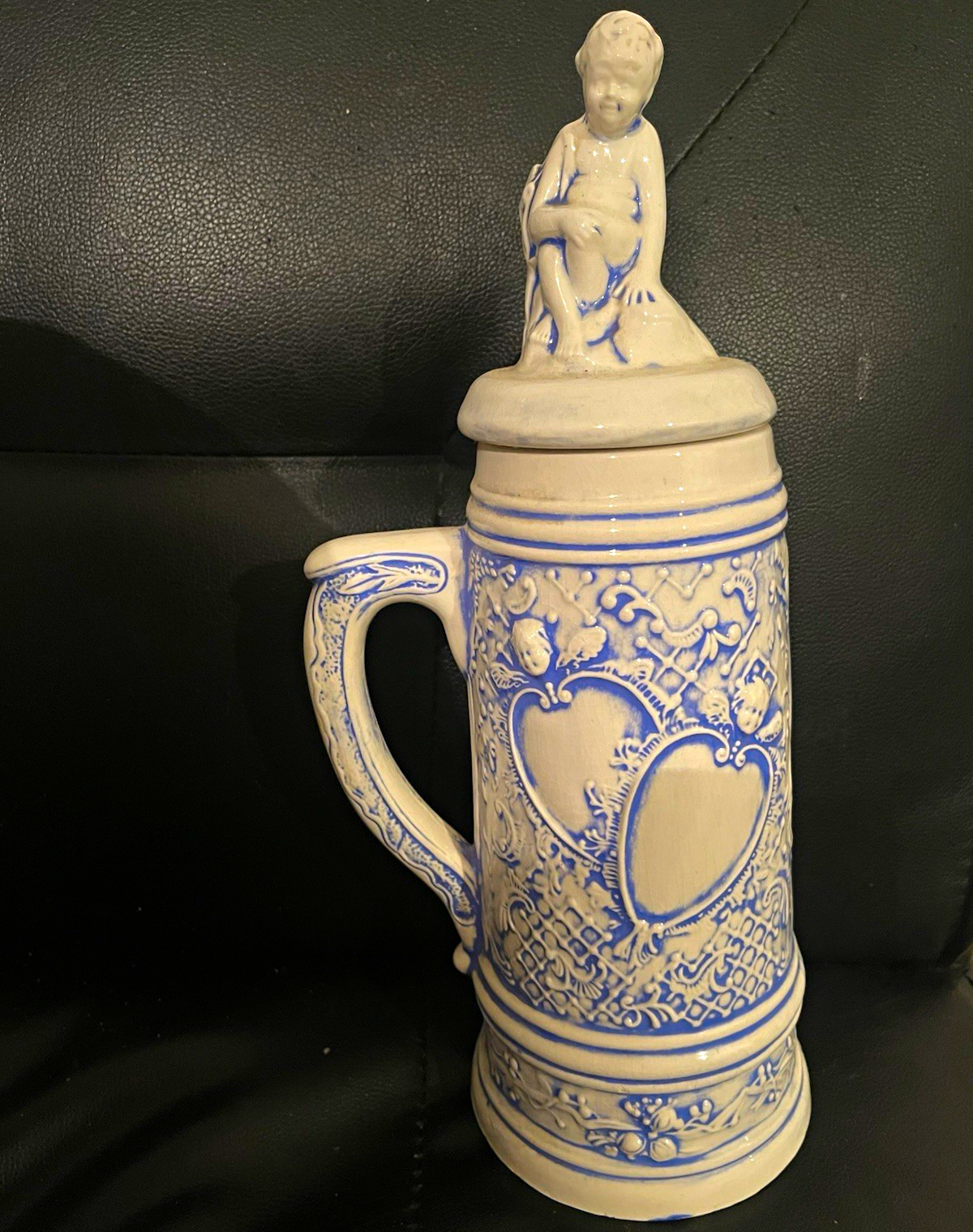 Blue & White Lidded Beer Stein with Figurine Lid