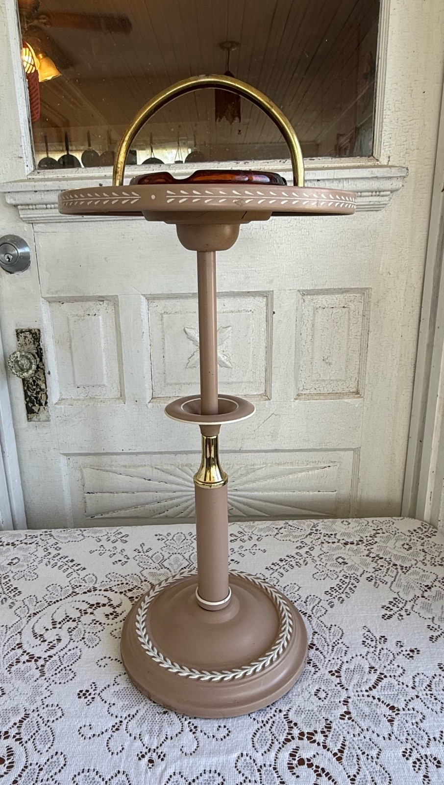 Vintage MCM Beige Toleware Smoking Stand Amber Glass Astray Vintage MCM Beige Toleware Smoking Stand Amber Glass Astray