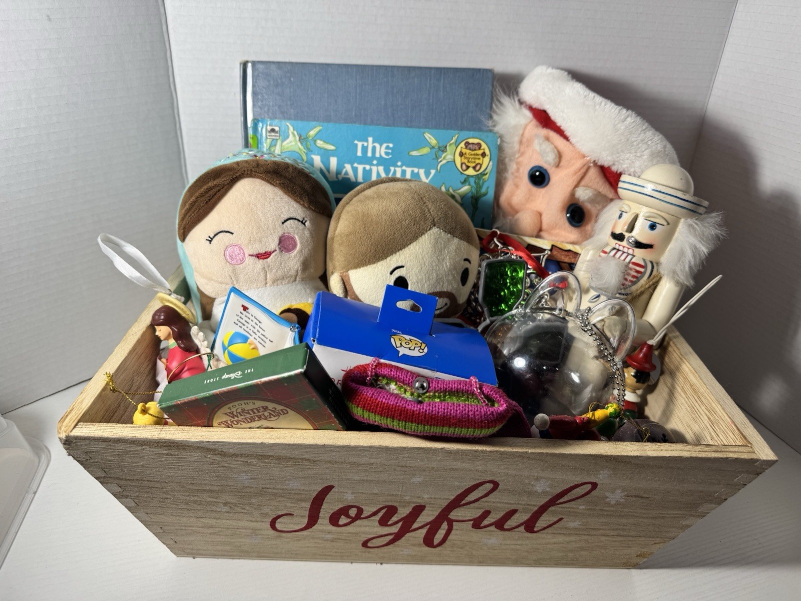 Christmas Goody Basket: 3 Books/13 Ornaments/2 Dolls/Santa Hat/Nutcracker/Cross