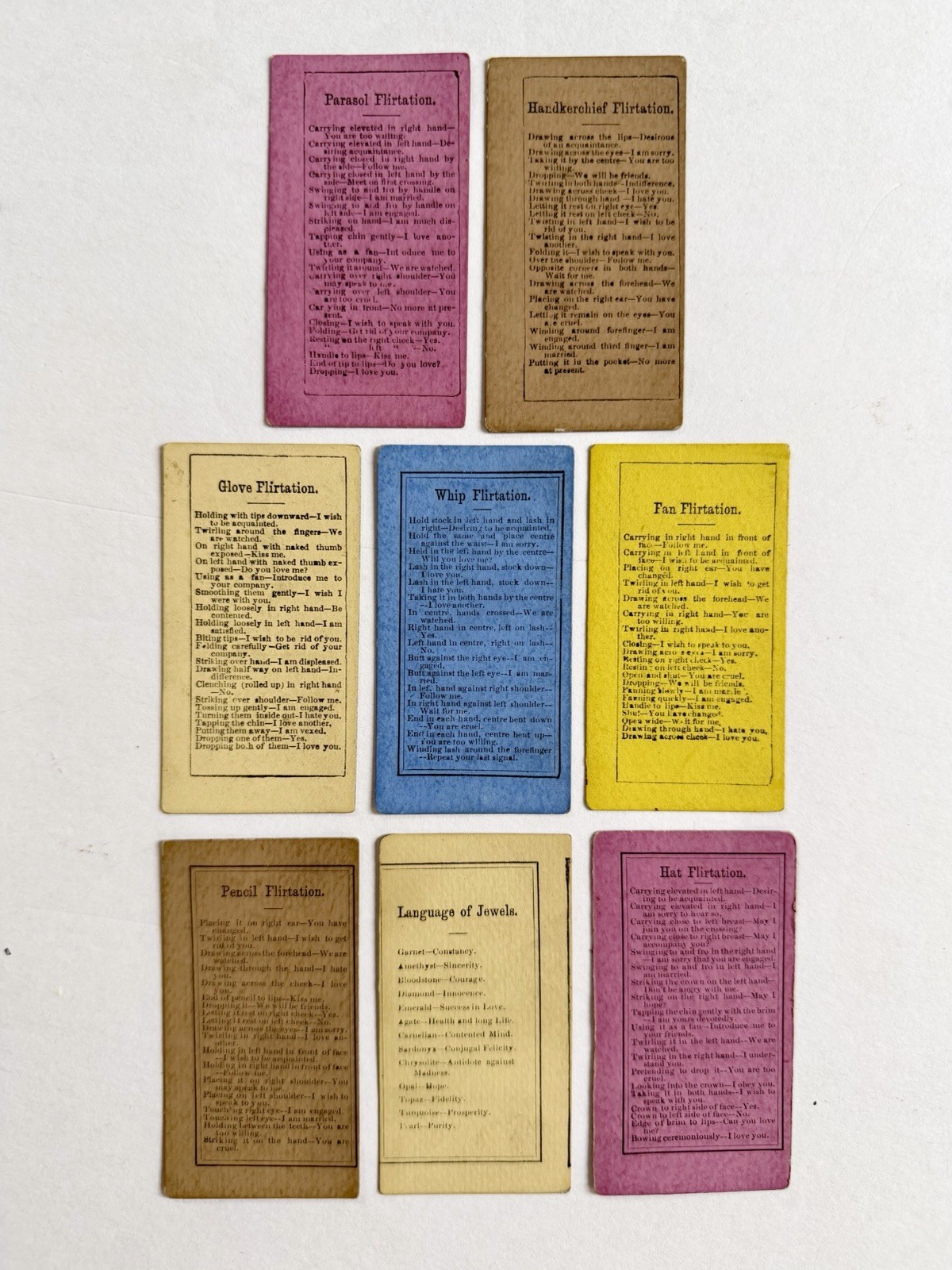 Lot Of 8 Antique Victorian Flirtation Tips Rule Cards- Hat, Parasol, Gloves Etc Lot Of 8 Antique Victorian Flirtation Tips Rule Cards- Hat, Parasol, Gloves Etc