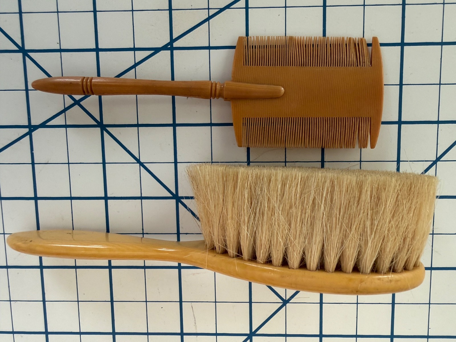 Vintage Celluloid French Ivory Hair Brush & Fine Comb Set In Sterling Silver Box