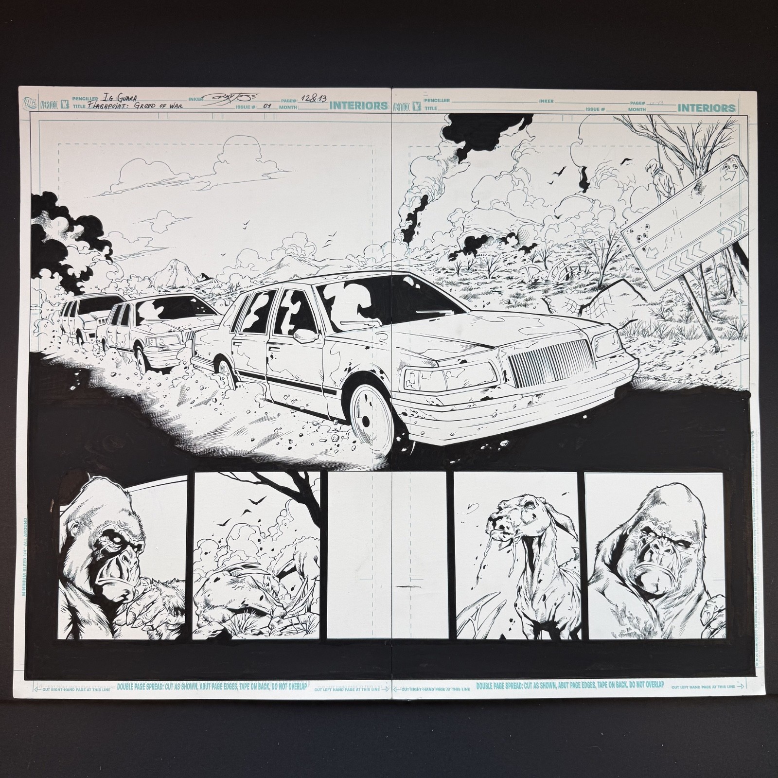 Flashpoint Original Comic Art Double Page Inks Gorilla Grodd of War DC 2011 Jose Flashpoint Original Comic Art Double Page Inks Gorilla Grodd of War DC 2011 Jose