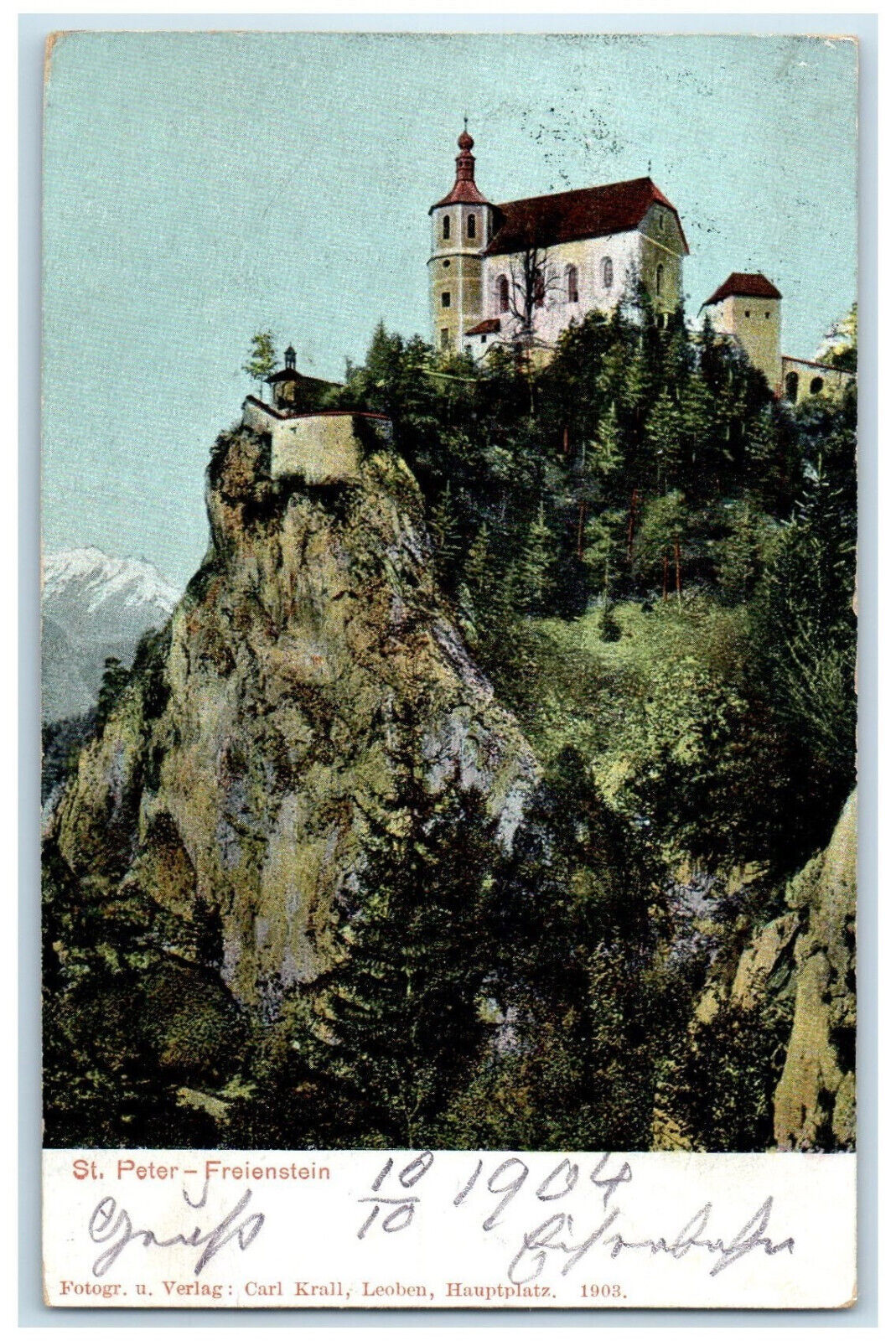 1904 Church on Top of Rocky Mountain St. Peter-Freienstein Austria Postcard