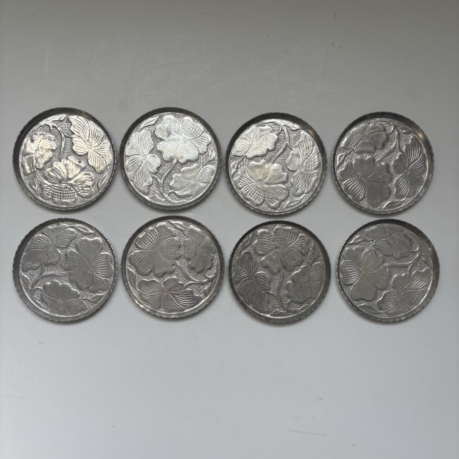 Vintage Stede Hammered Aluminum Dogwood Coasters Set of 8 Floral MCM Barware Vintage Stede Hammered Aluminum Dogwood Coasters Set of 8 Floral MCM Barware