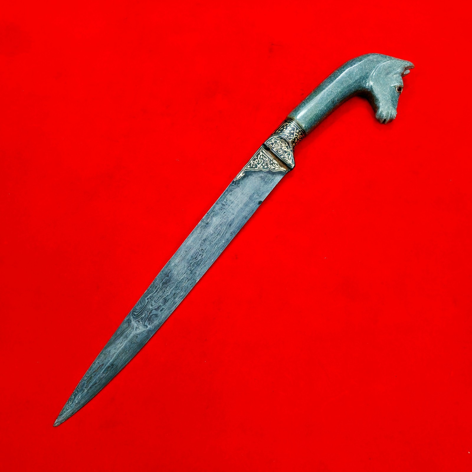 Vintage Indo-Persian Mughal Islamic Jade Gold Koftgari Damascus Horse Kard Knife Vintage Indo-Persian Mughal Islamic Jade Gold Koftgari Damascus Horse Kard Knife