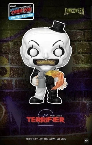 NYCC 2026 FUNKO OFFICIAL POP TERRIFIER 2 ART THE CLOWN w/ FLAMETHROWER INHAND NYCC 2026 FUNKO OFFICIAL POP TERRIFIER 2 ART THE CLOWN w/ FLAMETHROWER INHAND