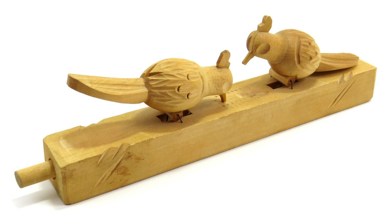 Russian Hand Carved Wood Mechanical Pushbutton Pecking Bird Action Toy, Read