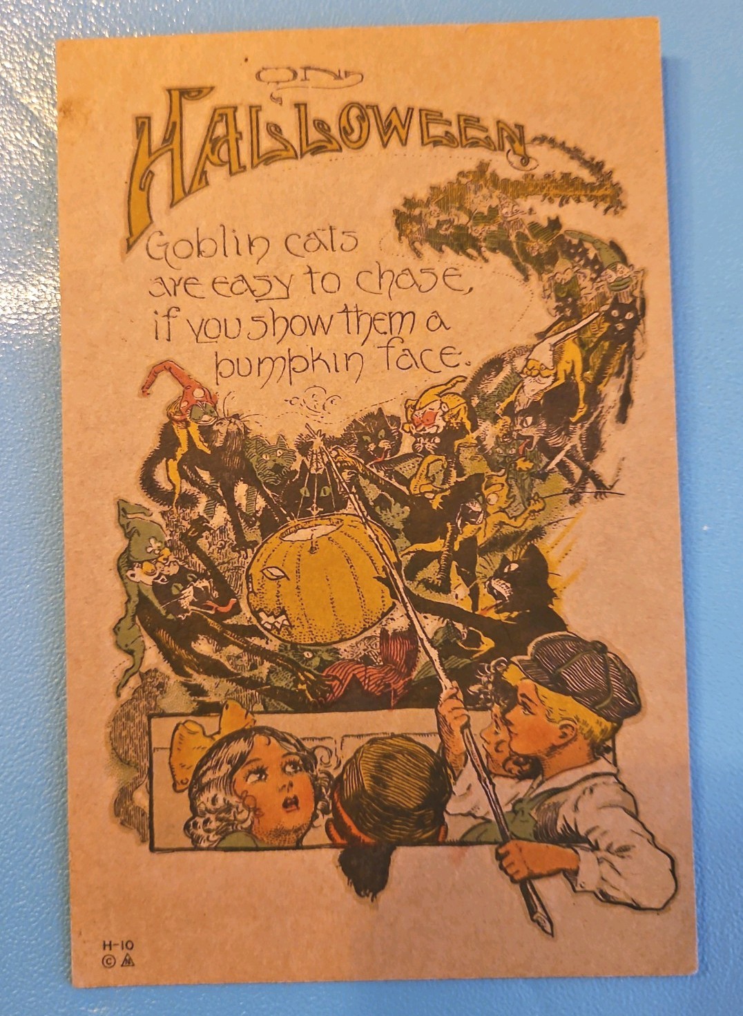 Halloween Antique Postcard Nash Goblin Cats, Kids Thwart Goblins Atop Black Cats