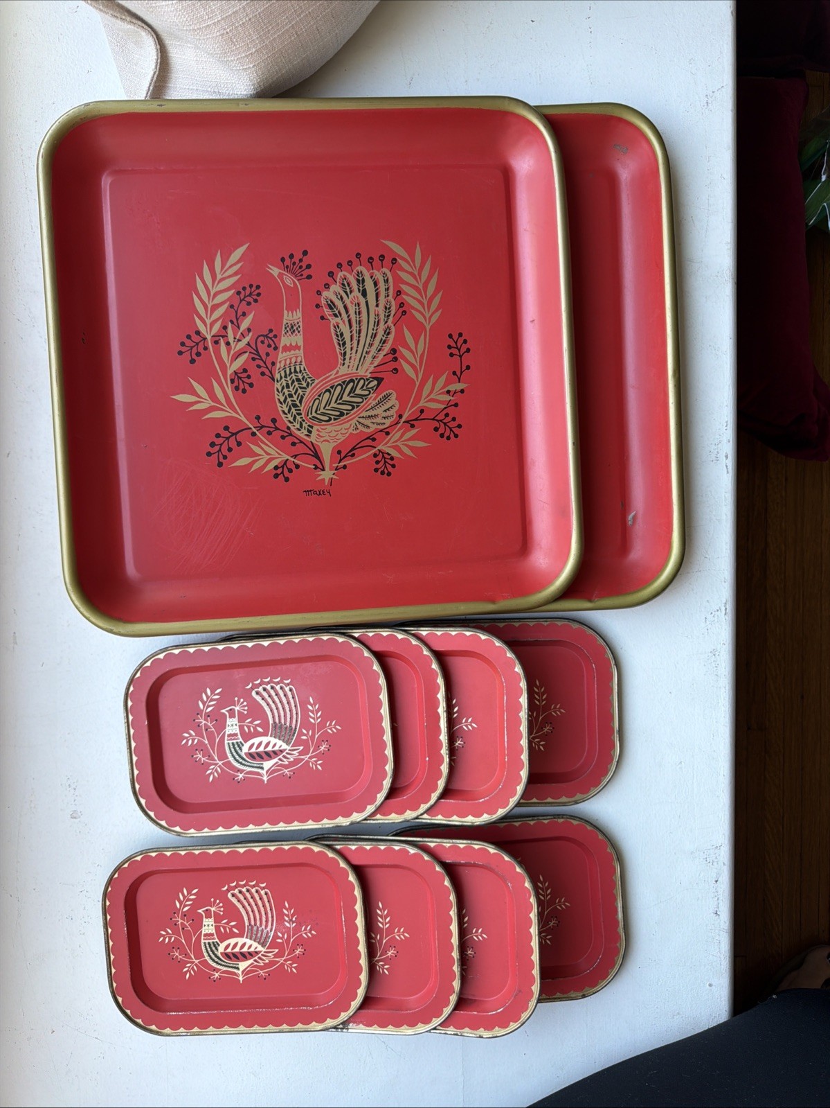 Vintage Set Of 10 Metal Serving & Appetizer Trays Red Peacock/Rooster MCM Vintage Set Of 10 Metal Serving & Appetizer Trays Red Peacock/Rooster MCM