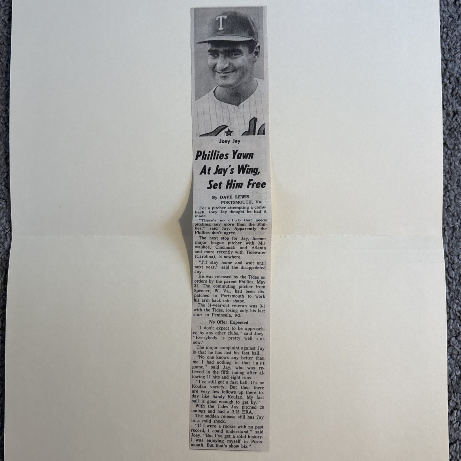 Joey Jay Tidewater Tides 1967 Sporting News Baseball 2X12 Panel Joey Jay Tidewater Tides 1967 Sporting News Baseball 2X12 Panel