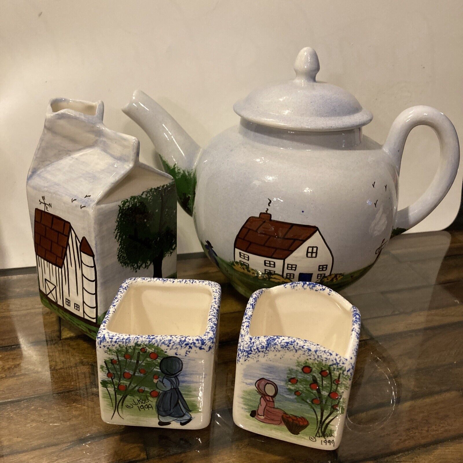 Hand Painted Ceramic Tea Pot Creamer Sugar Set Amish Countryside Scene