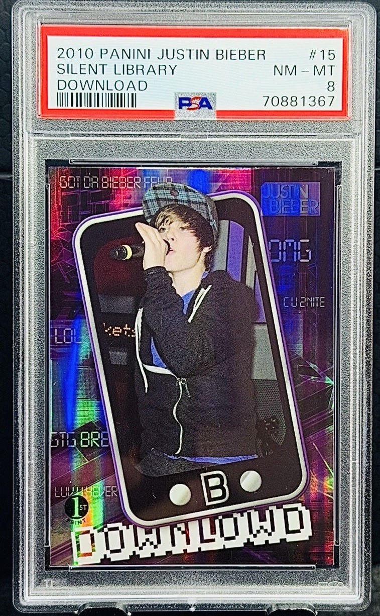 JUSTIN BIEBER 2010 Panini DOWNLOWD #15 1st Print RC Rookie Silent Library PSA 8 JUSTIN BIEBER 2010 Panini DOWNLOWD #15 1st Print RC Rookie Silent Library PSA 8