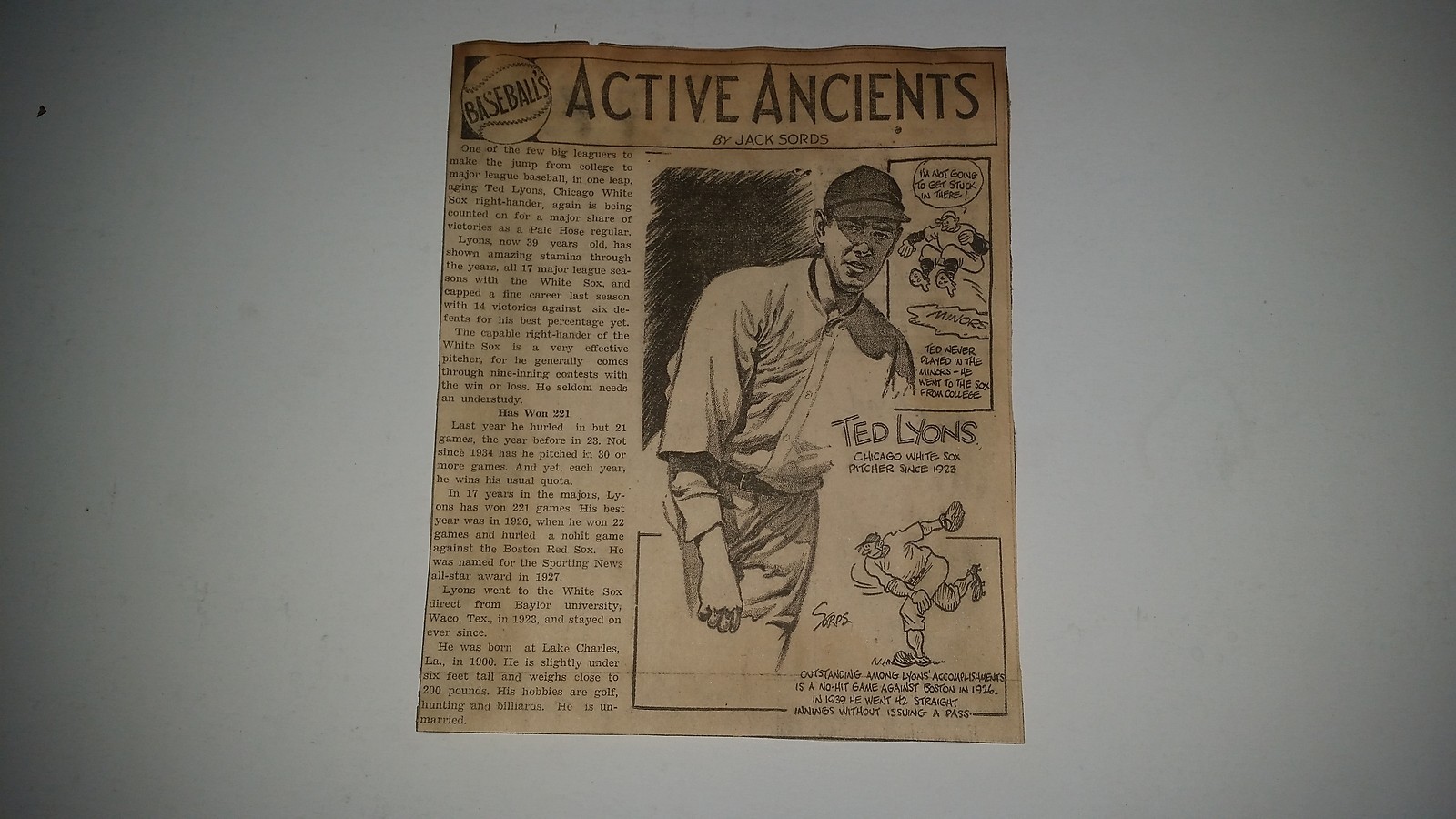 Ted Lyons ACTIVE ANCIENTS SET RARE 1940 Cartoon Sketch by Jack Sords Ted Lyons ACTIVE ANCIENTS SET RARE 1940 Cartoon Sketch by Jack Sords