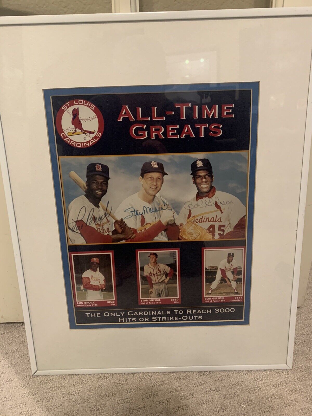 Stan Musial, Bob Gibson, and Lou Brock signed picture