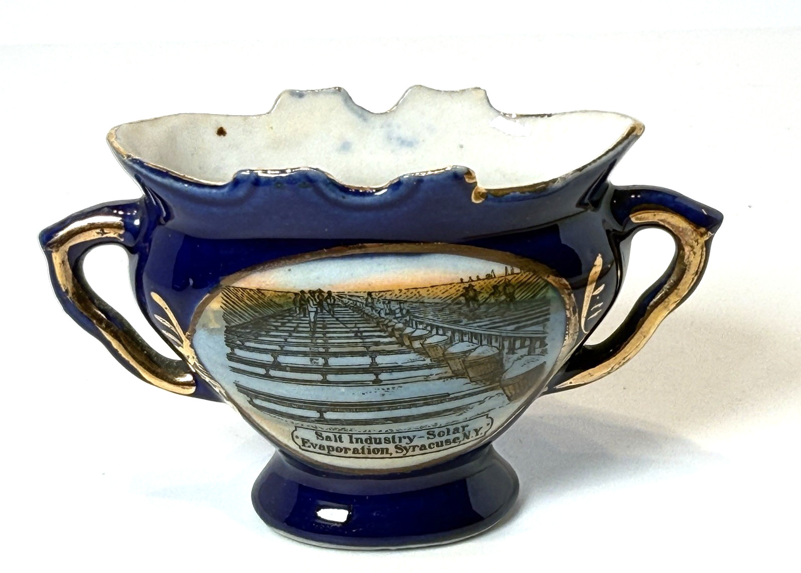 SYRACUSE NY NEW YORK Souvenir SALT INDUSTRY SOLAR Porcelain Cobalt Trinket
