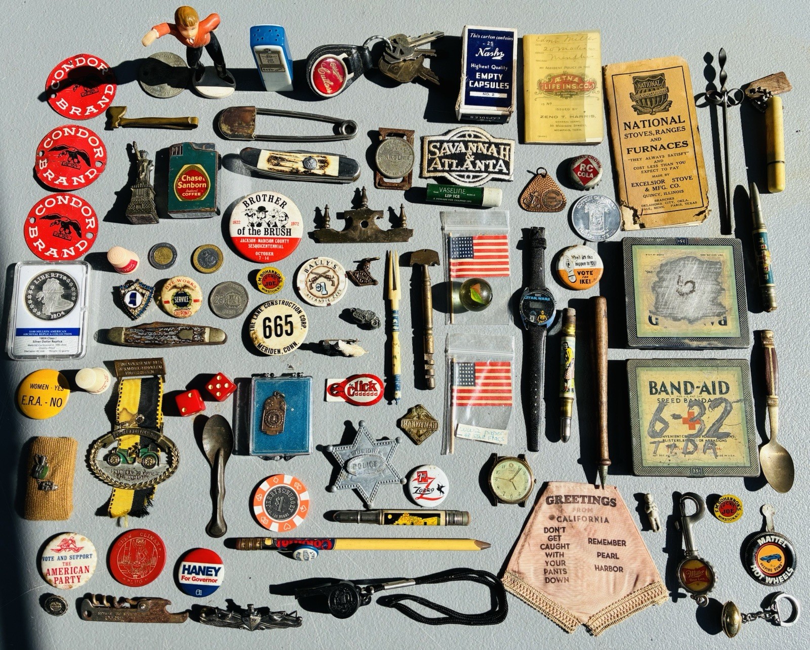 Vintage Estate Junk Drawer Advertising Lot Coin Knife Watch Climax Poker Chip Vintage Estate Junk Drawer Advertising Lot Coin Knife Watch Climax Poker Chip