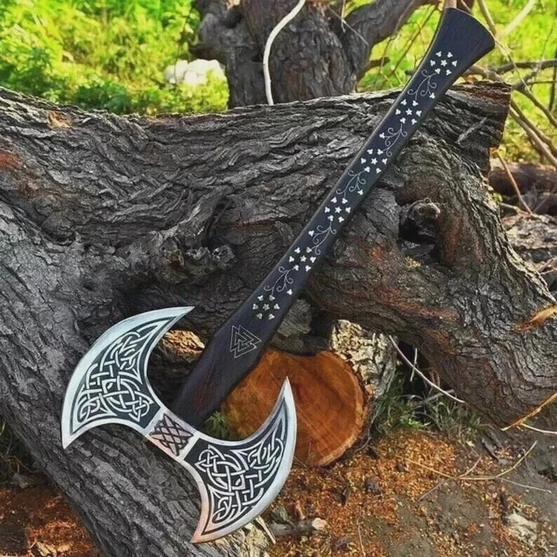 Handmade Forged Steel Double Bit Axe Etched Blade Carved Wood Handle Replica Art Handmade Forged Steel Double Bit Axe Etched Blade Carved Wood Handle Replica Art