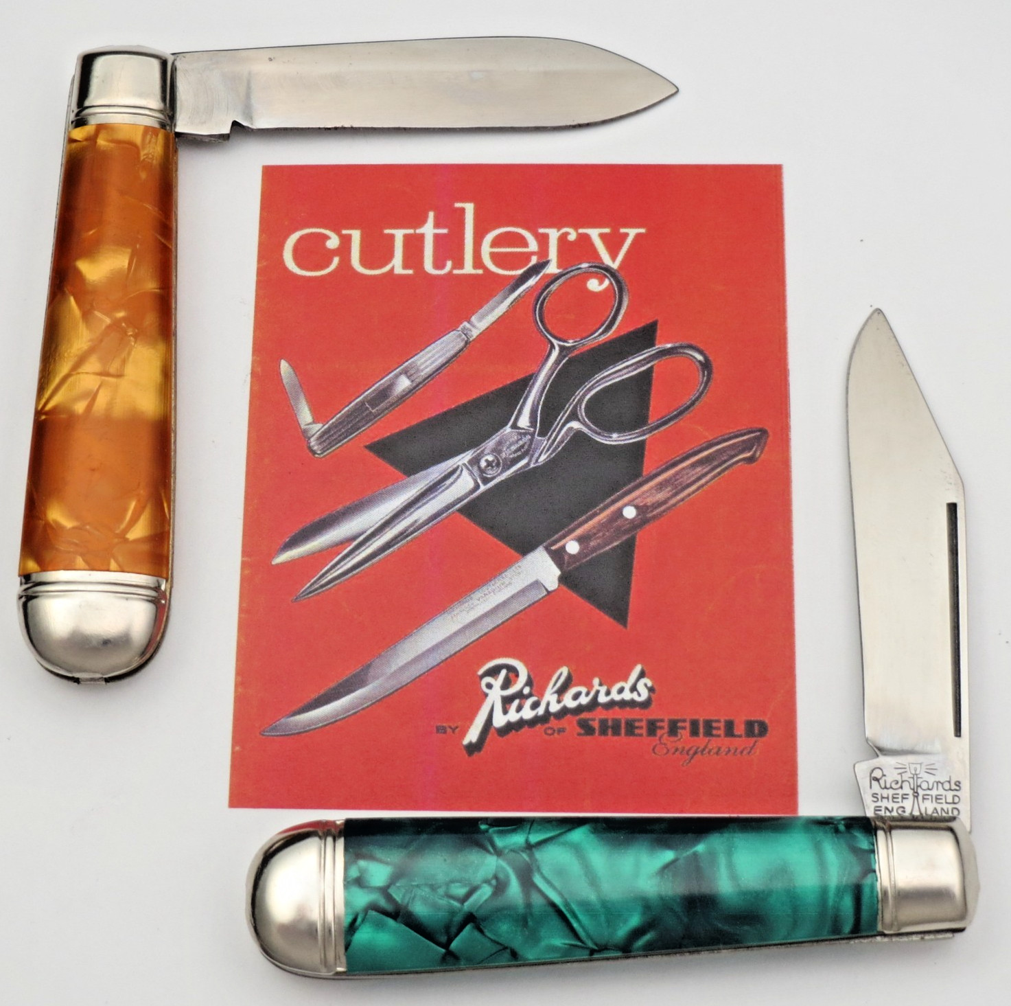 Vintage RICHARDS SHEFFIELD ENGLAND Two Swell-End Jack Knives - Colorful Handles