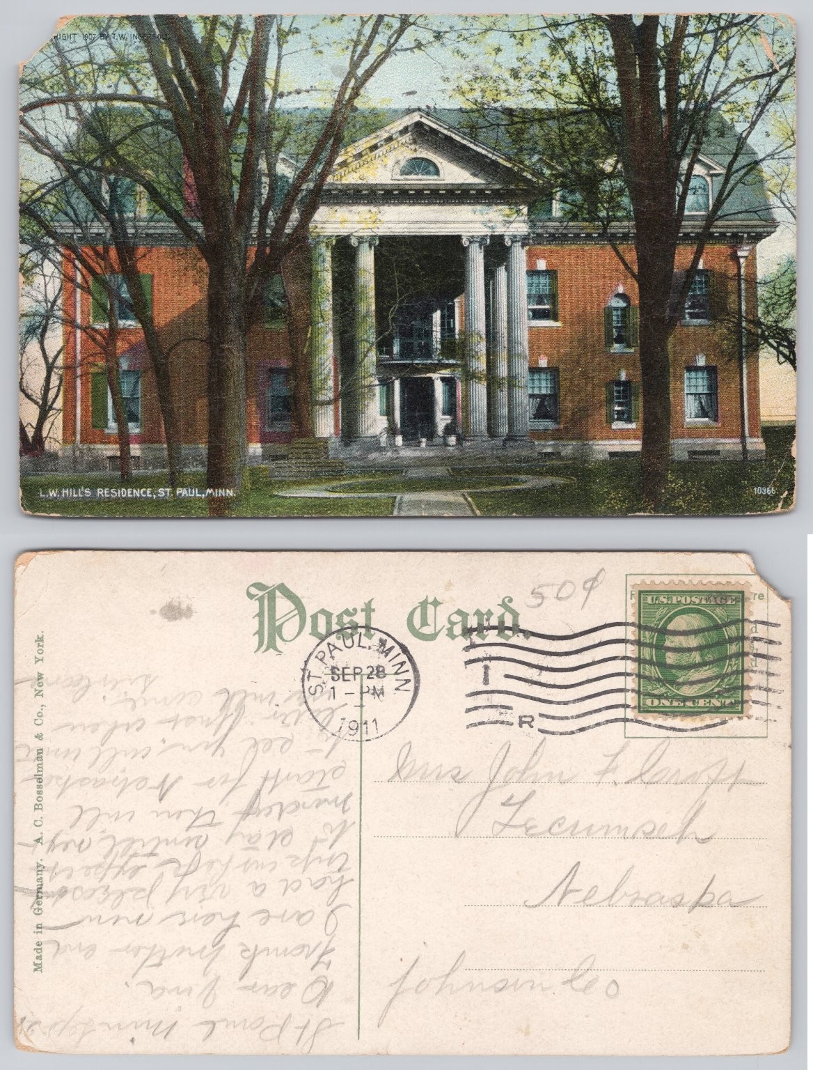 1911 L.W. Hill's Residence St. Paul, MN Vintage Postcard A. C. Bosselman