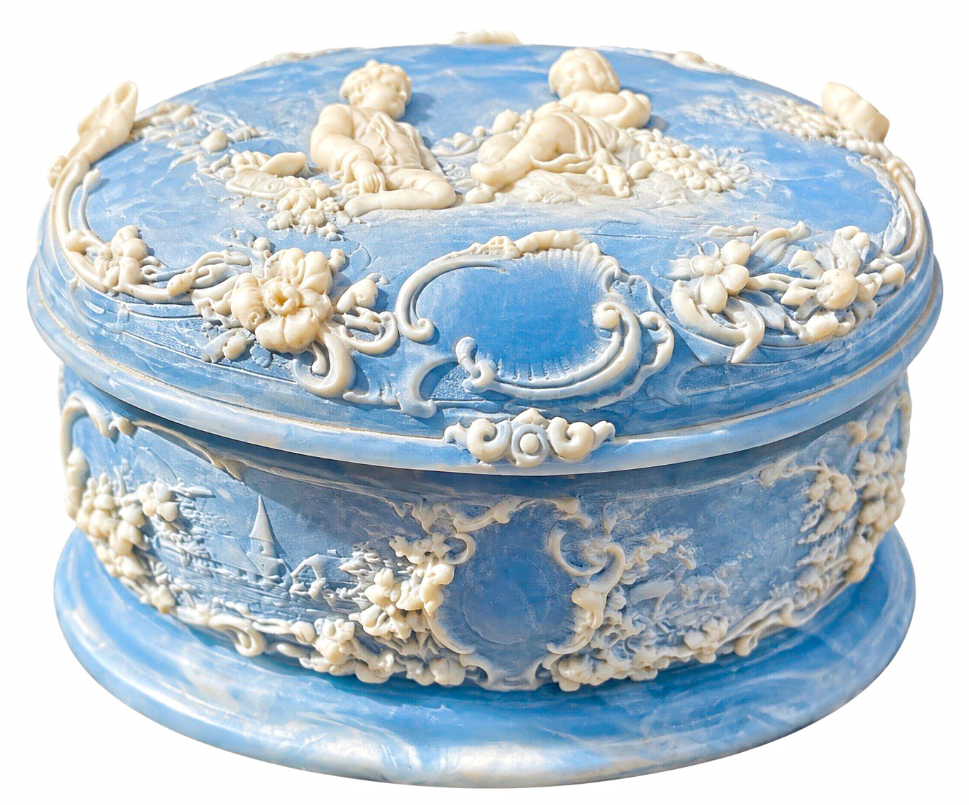 Vintage Incolay Stone Blue Cherub Jewelry Box w Original Literature USA