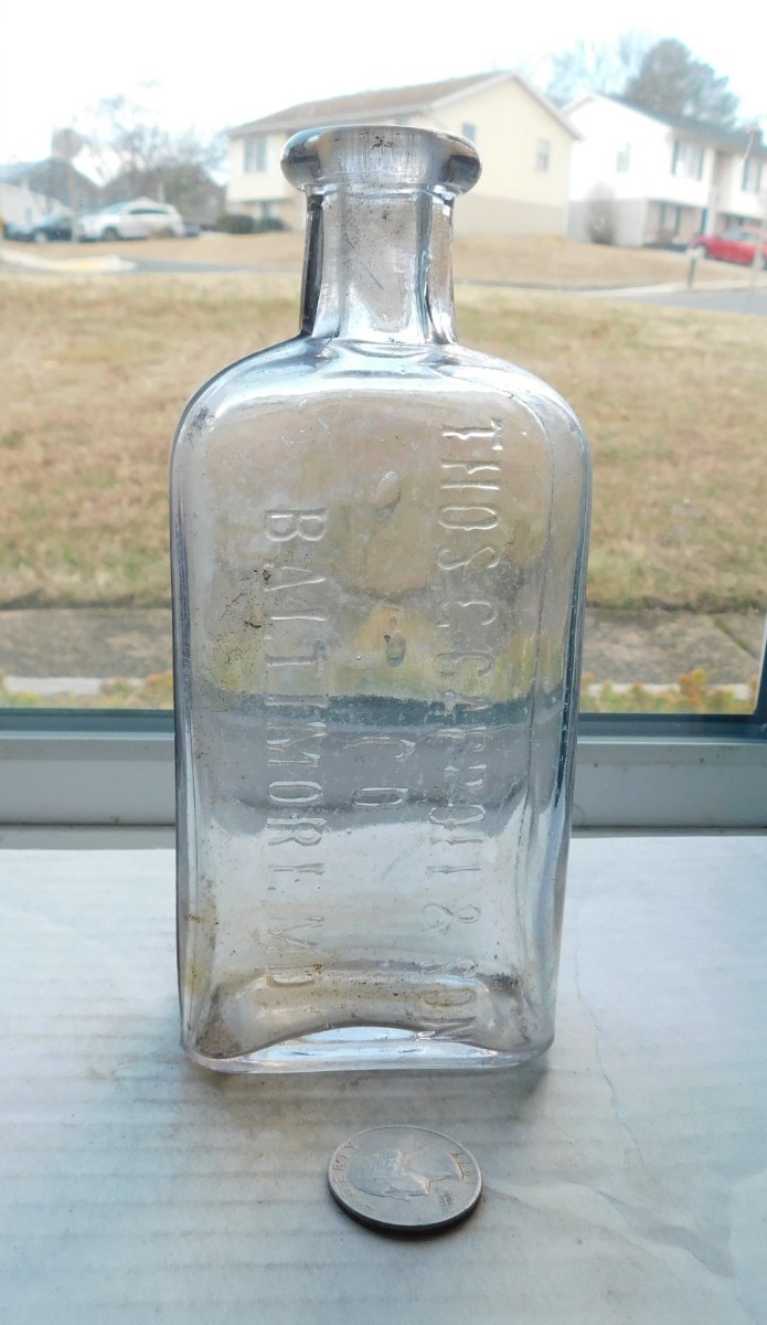 NICE RARE PURPLE WHISKEY FLASK EMBOSSED,THOS G CARROLL & SON CO., BALTIMORE, MD