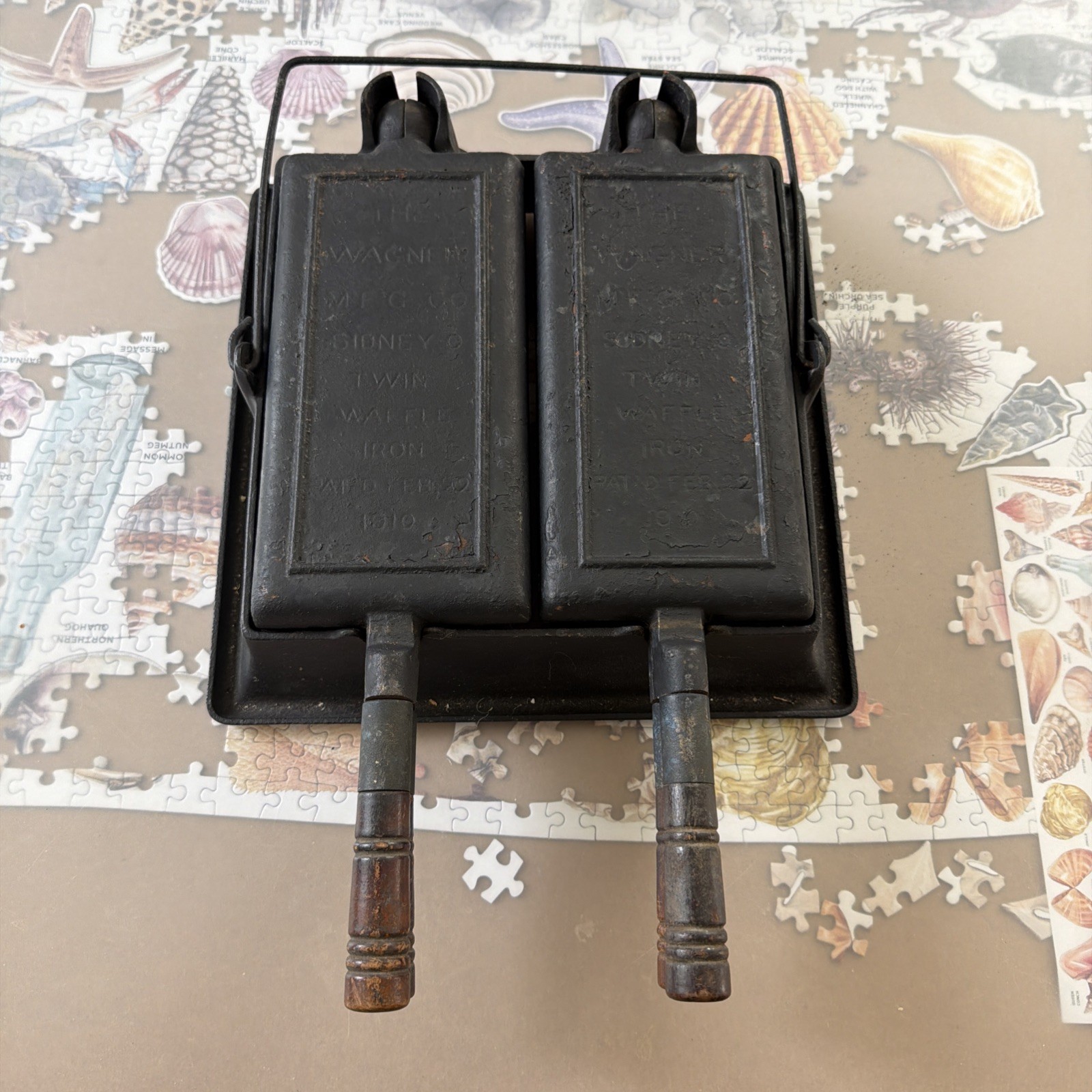 Antique WAGNER Cast Iron Twin Double Waffle Irons in Holder FEB 22 1910 PAT'D Antique WAGNER Cast Iron Twin Double Waffle Irons in Holder FEB 22 1910 PAT'D