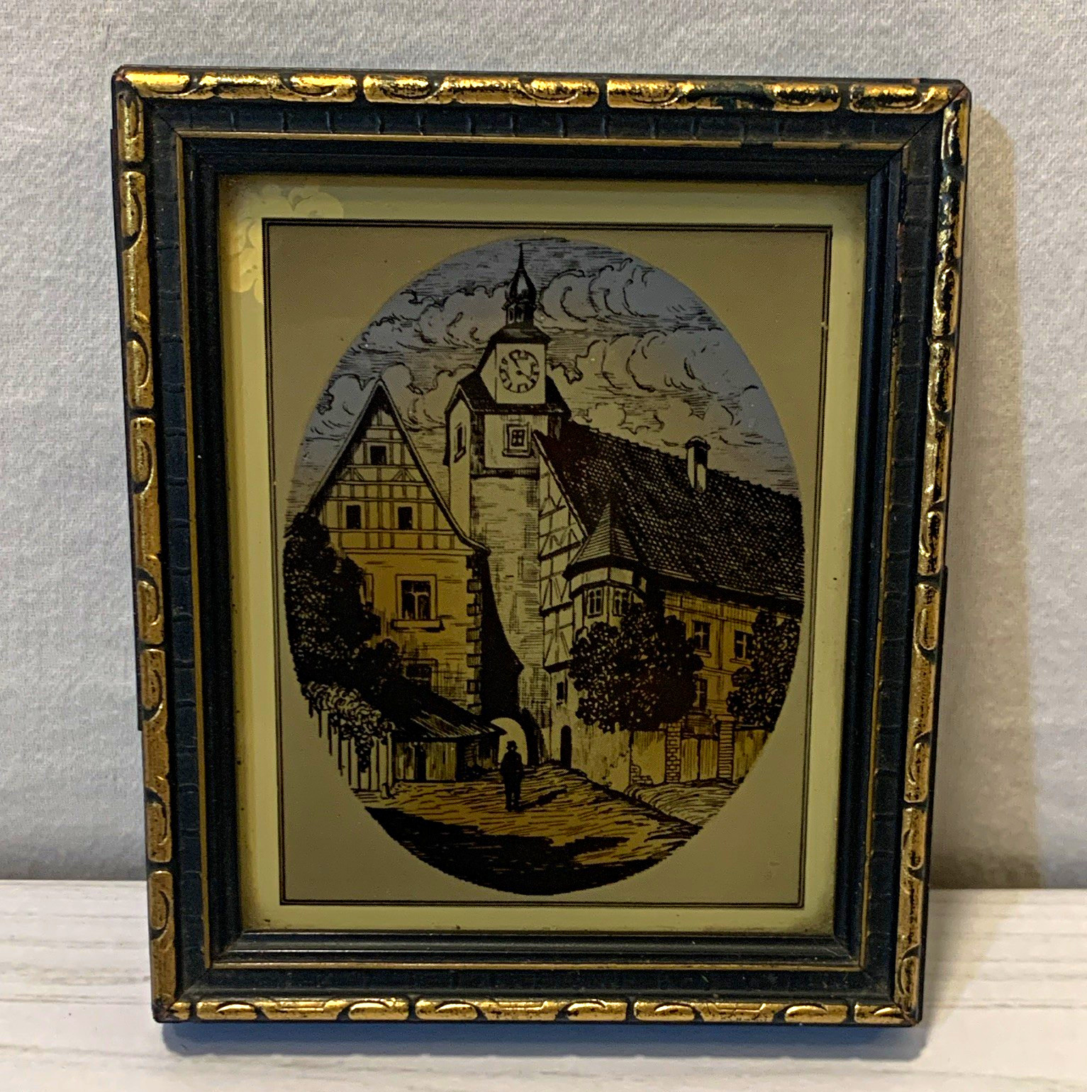 Germany Framed Village Etching Clock Tower Scene, Easel, Richards 3.5x4” Germany Framed Village Etching Clock Tower Scene, Easel, Richards 3.5x4”