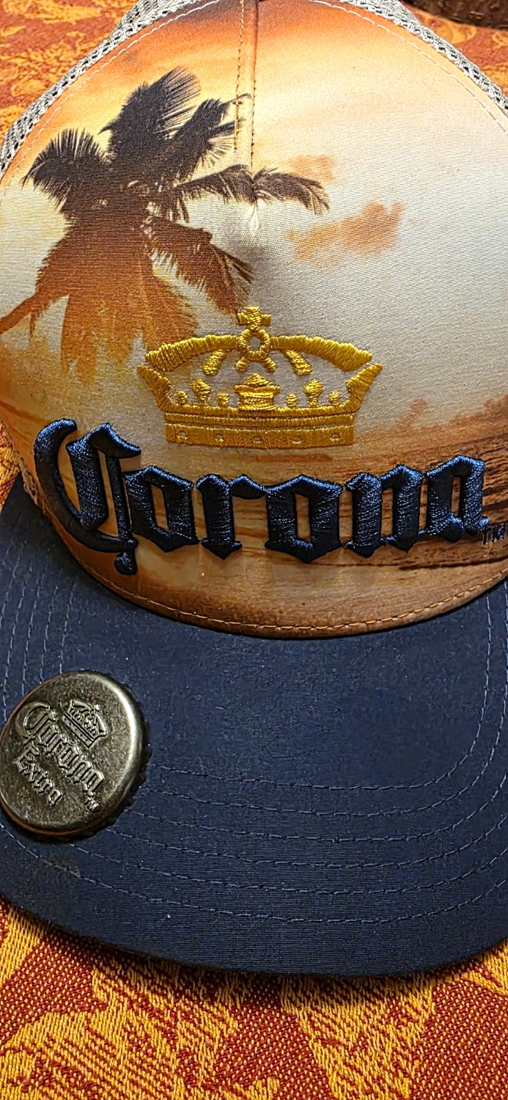 Corona Extra Trucker Hat Mesh Back Snapback Blue/Tan Bottle Opener Metal Badge Corona Extra Trucker Hat Mesh Back Snapback Blue/Tan Bottle Opener Metal Badge