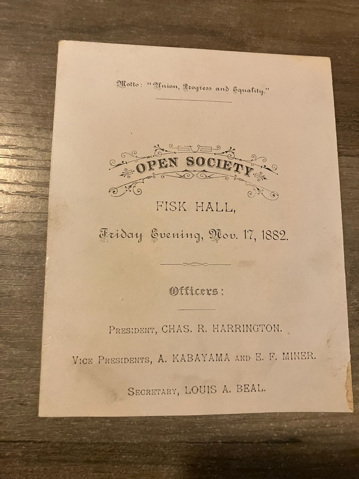 1882 Victorian Invitation Open Society Union Progress & Equality Fisk Hall 1882 Victorian Invitation Open Society Union Progress & Equality Fisk Hall
