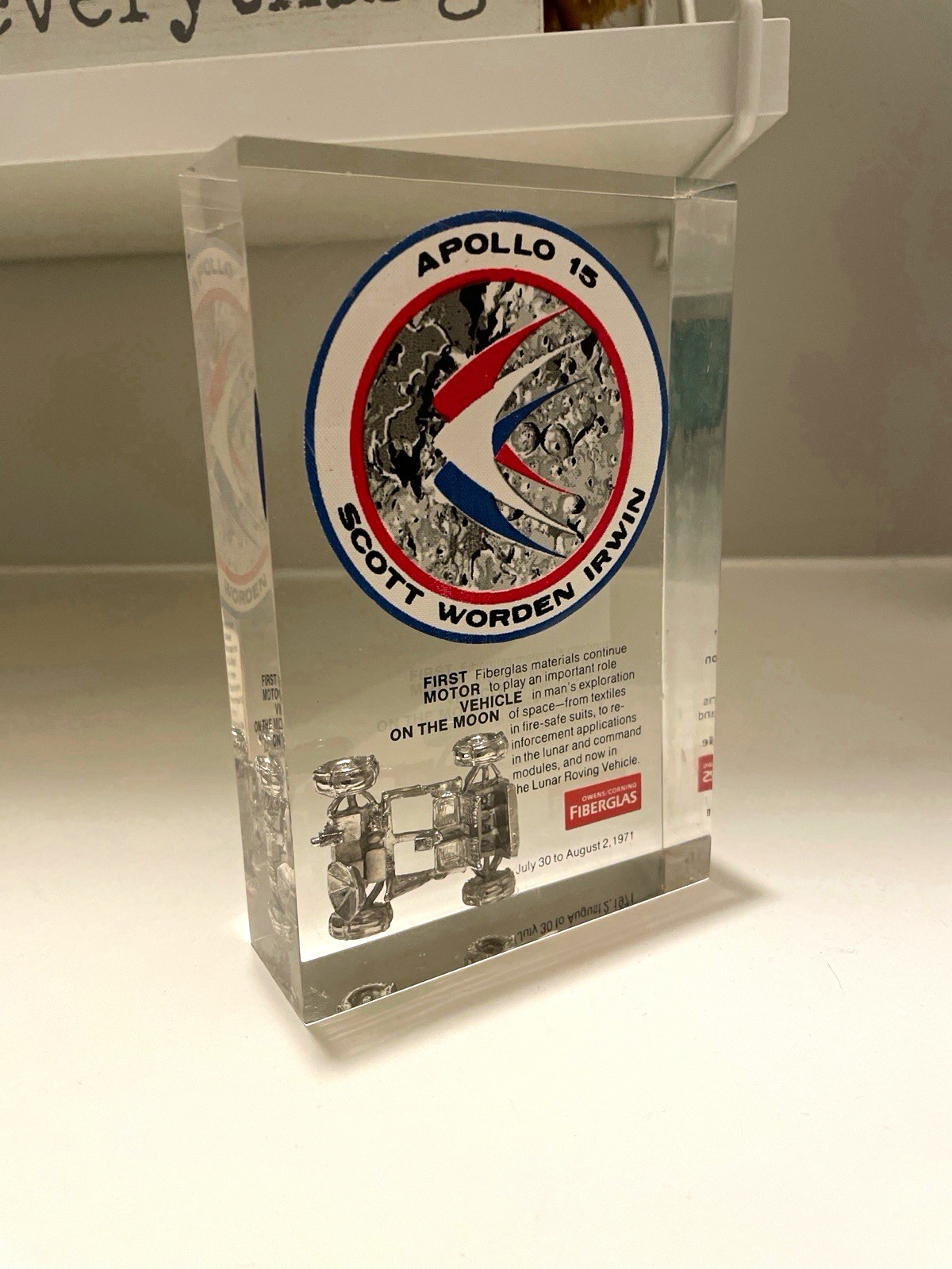 Apollo 15 Mission Patch Display Block w/ Lunar Roving Vehicle Scott Worden 1971 Apollo 15 Mission Patch Display Block w/ Lunar Roving Vehicle Scott Worden 1971