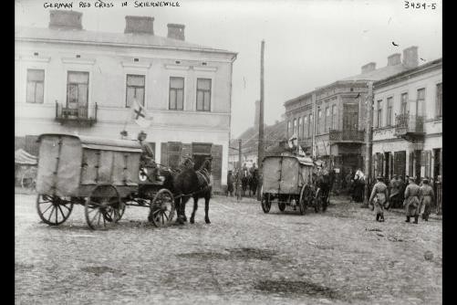 Photo:Skierniewice Poland 1910s German Red Cross Horse Wagons Flags