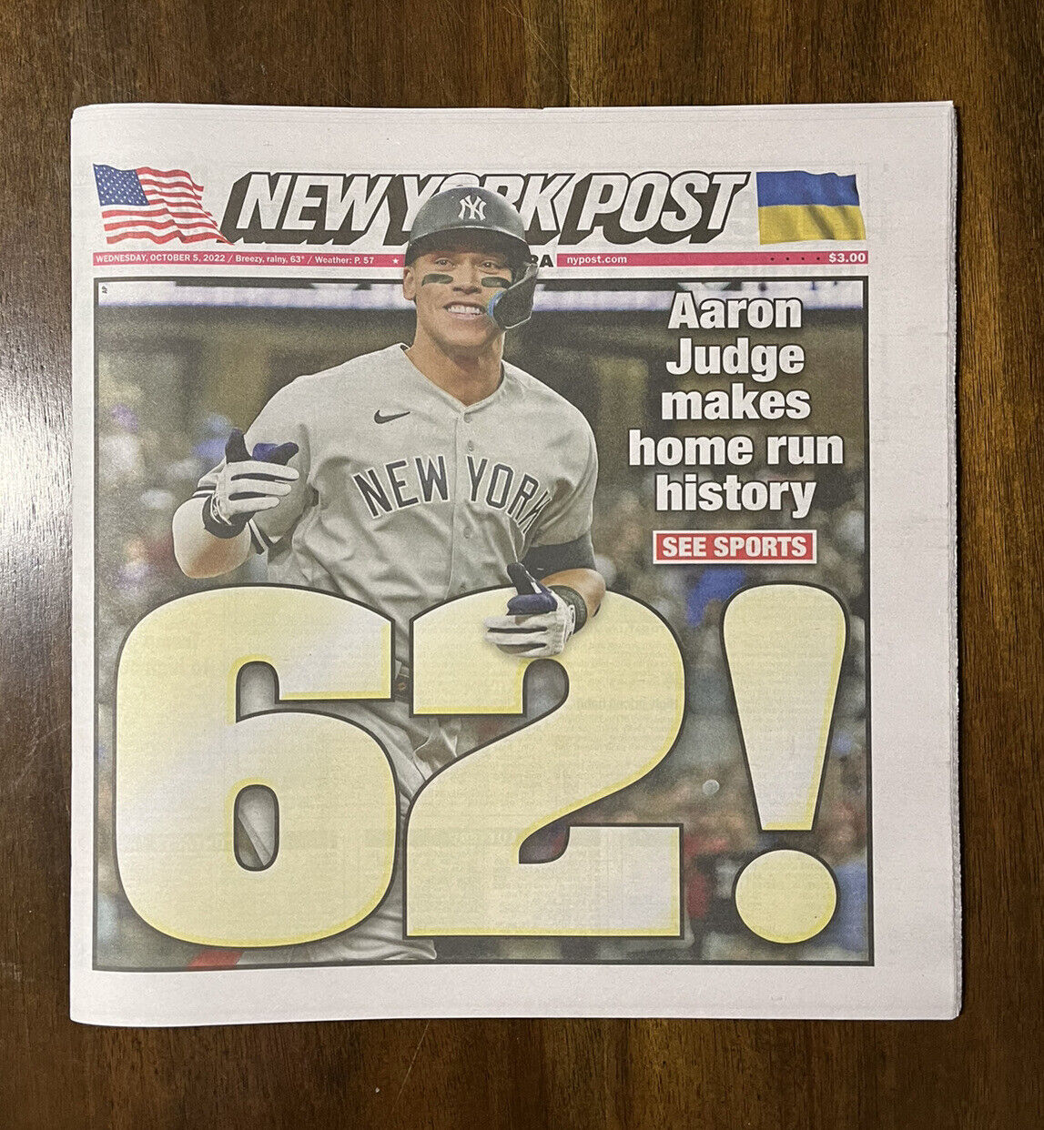 Aaron Judge 62 HRs 1 New York Post October 5th  2022 Newspaper Yankees