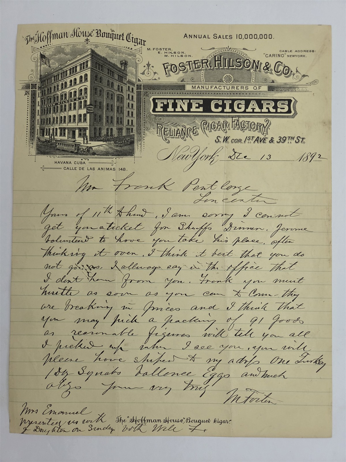 1892 antique FOSTER HILSON & CO FINE CIGARS nyc HOFFMAN HOUSE illus letterhead