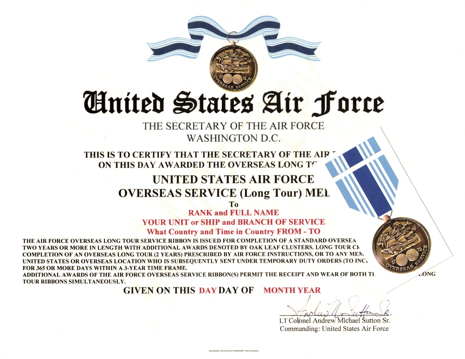 US Air Force Overseas Service Long Tour Certificate with Medal and Ribbon